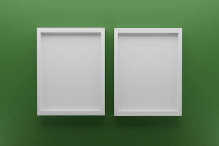 front view of two empty white frames on green wall, minimal design concept, 3D render imageの写真素材