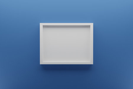 front view of empty frame on classic blue wall, minimal design concept, 3D render imageの写真素材