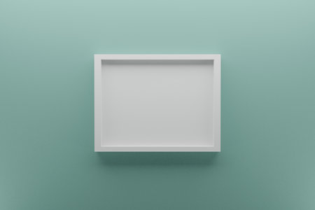 front view of empty white picture frame on wall, background beryl green, minimal design concept, 3D renderの写真素材