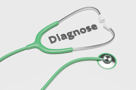 3D-Illustration of the word DIAGNOSE in german, surrounded by a stethoscope, cgi render imageの写真素材