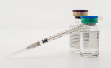 vaccination equipment, syringe and vial with corona vaccineの写真素材