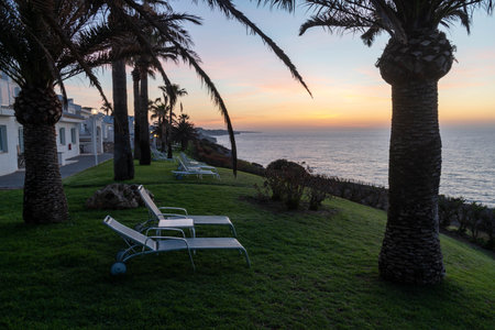 garden at the beach with palms, sun lounger and beautiful view over the mediterranean sea during sunriseの写真素材