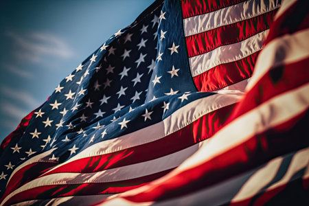 American flag on blue sky background. United States of America flag.