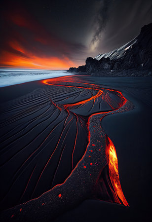 Fantastic sunset on the black sand beach. Artistic style.