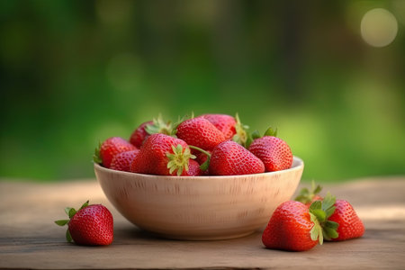 Strawberries in a wooden bowl on a wooden table in the gardenの素材