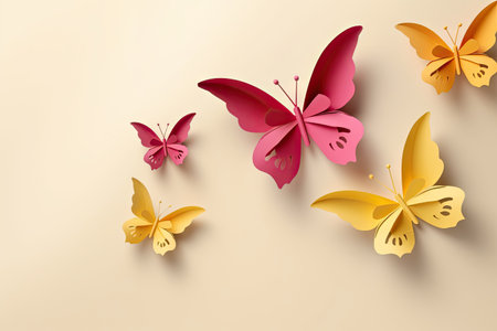 3d render of colorful butterflies flying on a beige background.の素材