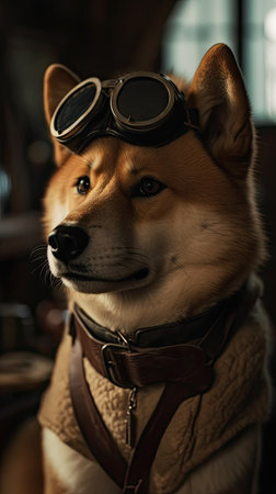 Shiba inu dog with aviator helmet and goggles, close upの素材