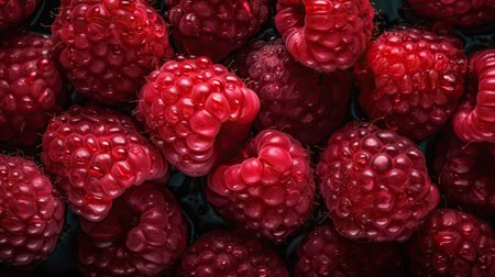 Raspberries close-up on a black background. Top view.の素材