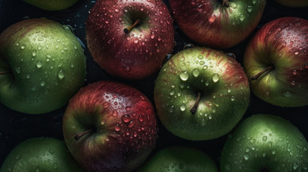 Red and green apples with water drops on a black background, top viewの素材