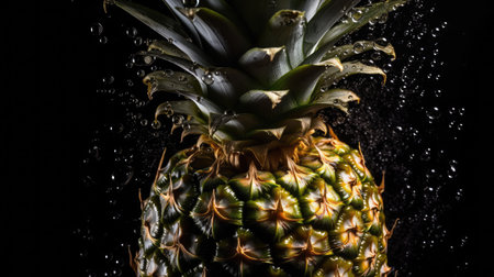 Pineapple with water drops on black background. Tropical fruit.の素材