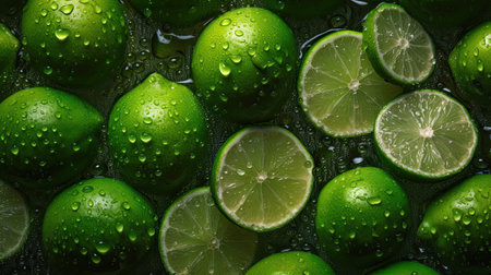Fresh limes with water drops on the surface. close upの素材
