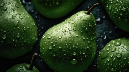 Green pears with water drops on a dark background. Close up.の素材
