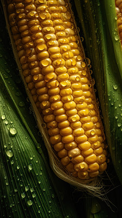 Fresh corn on the cob with water droplets, close up.の素材