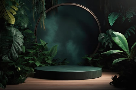 3d render, abstract minimal scene with black podium and tropical leaves.の素材