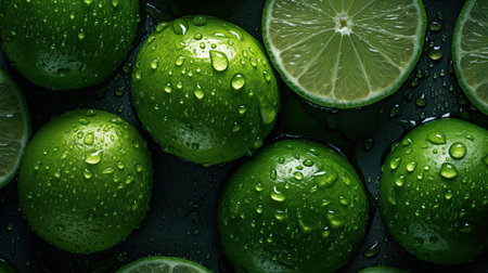 Lime slices with water drops on dark background. top viewの素材