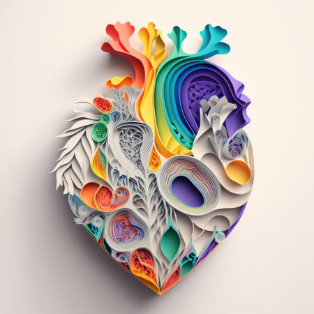 Abstract colorful paper cut heart on white background. 3d render illustrationの素材