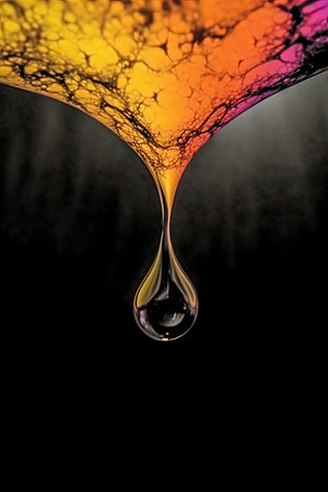 water drop on black background with orange and yellow paint splashes.の素材