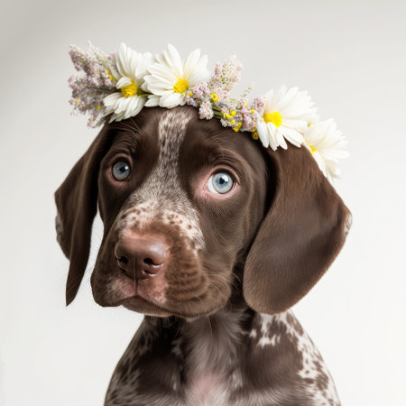 German shorthaired pointer puppy wearing a wreath of daisiesの素材