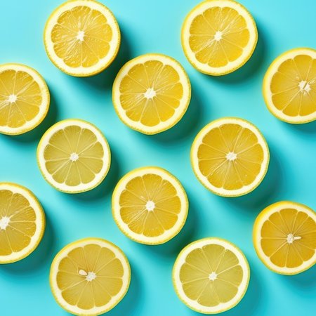 Slices of lemon on blue background. Minimal summer conceptの素材
