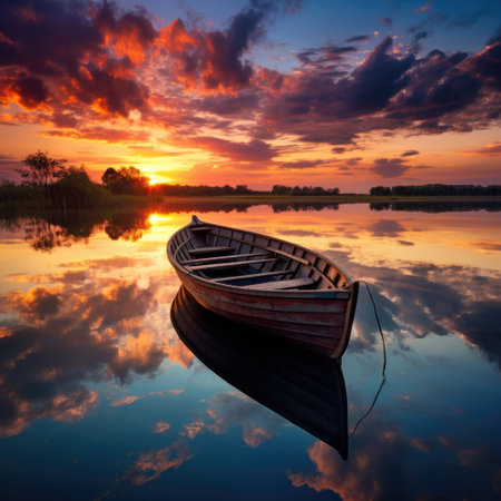 Boat on the lake at sunset. Dramatic sky. Nature composition.の素材