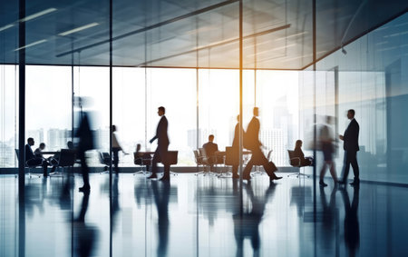 Silhouettes of business people walking in modern office. Meeting conceptの素材