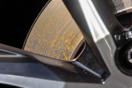 Close-up of the brake disc of a sports car. Selective focus.の写真素材