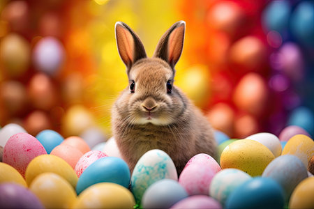 Easter bunny and colorful eggs on colorful bokeh background.の素材