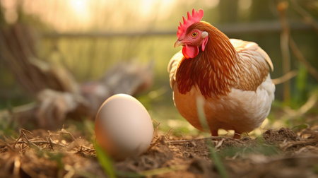 Chickens and eggs in the garden on a sunny day. farm animalの素材