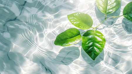 Green leaves floating on the water surface with sunlight and copy space.の素材