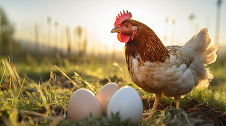 chicken with eggs in the field on a sunny summer day.の素材