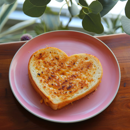 Toasted bread in the shape of a heart on a pink plateの素材