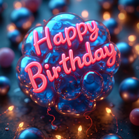 3D Illustration of a Happy Birthday Greeting Card with Christmas Ballsの素材