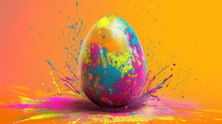 Colorful easter egg with splashes of paint on yellow backgroundの素材