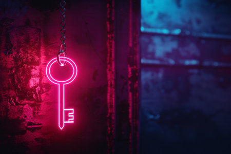 Key hanging on a chain in a dark room with neon lights. concept image digital keyの素材