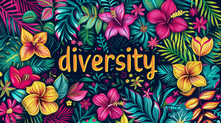 Tropical background with hibiscus flowers and the word diversityの素材