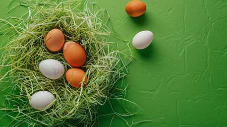 Easter eggs in nest on green background. Top view, copy spaceの素材