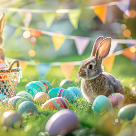 Easter bunny with colorful eggs on green grass in sunny day.の素材