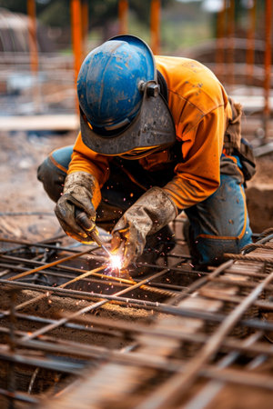 Welder working on the construction site of a new residential building.の素材