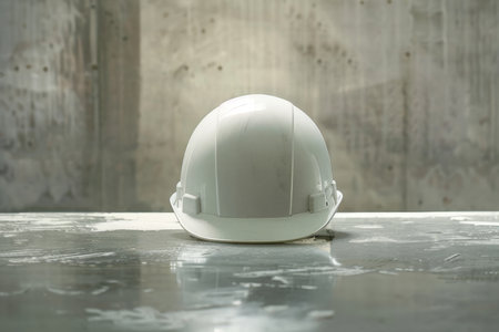 White safety helmet on cement floor in construction site background, occupational safety, selective focusの素材