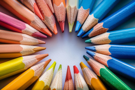 Colorful pencils in a circle on a blue background. Selective focus.の素材
