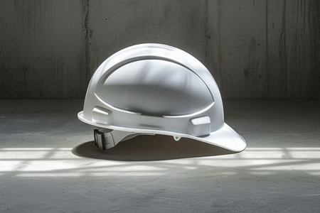 White hard hat on concrete background. 3d rendering and illustration.の素材
