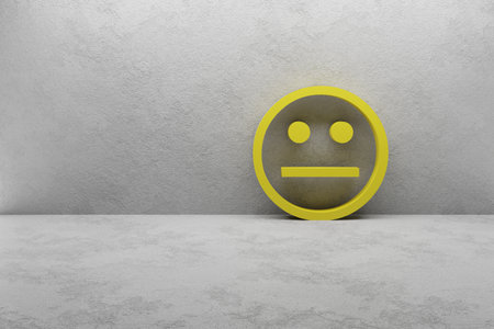 Yellow emoticon with neutral face in empty room, 3d renderの写真素材