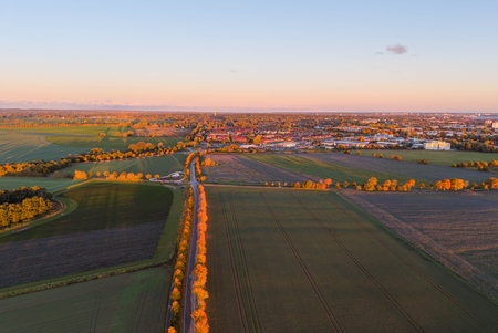 Aerial view of the village and fields at sunset. Poland.の写真素材