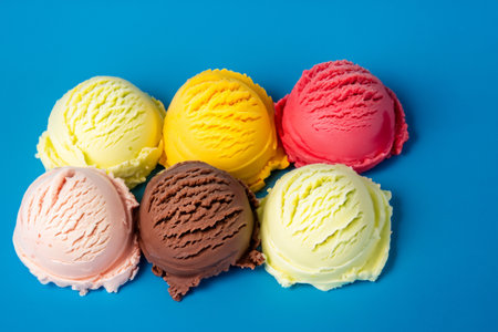 Ice cream scoops of different colors and flavors on a blue background
