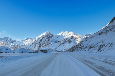 Mountain road in the snow, Cordillera Blanca, Peruの写真素材