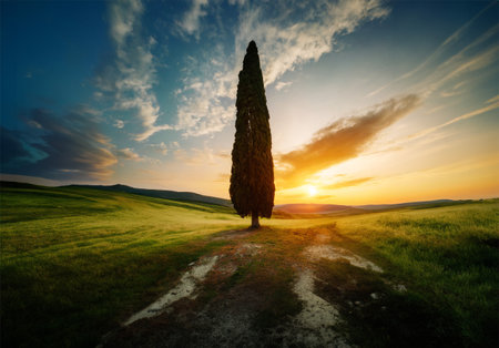 Lonely cypress tree at sunset in Tuscany, Italyの写真素材