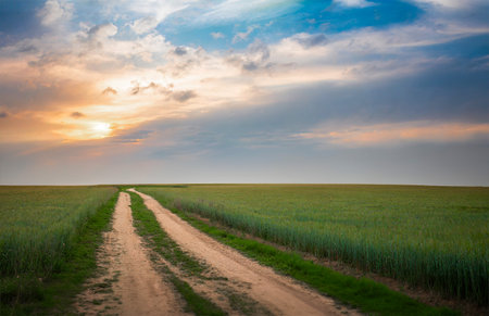 Dirt road through the wheat field at sunset. Nature composition.の写真素材