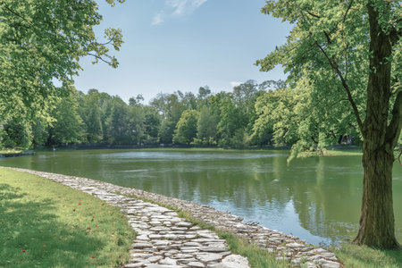 Cobblestone walkway in the park with trees and lakeの写真素材