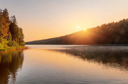Sunset on the lake in the forest. Beautiful summer landscape.