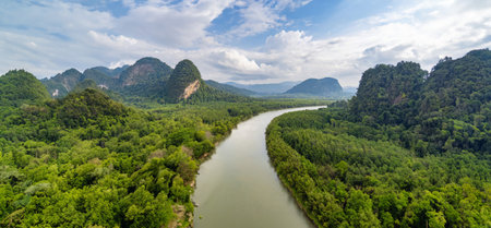 Aerial view of karst mountains and river, panoramaの写真素材